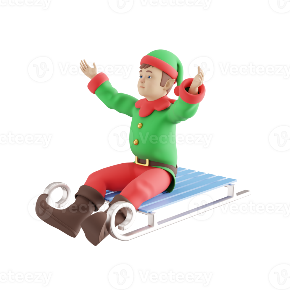 Festive Kids Elf 3D Model. A Male Kids Elf sits on a skateboard with both hands open upwards, a happy expression. Holiday Cartoon Design png