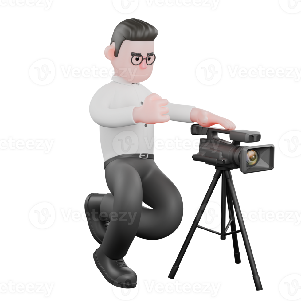 Movie Producer Cartoon. A male producer knees with his left hand pointing the camera forward, and his right hand clenched. Professional Illustration png
