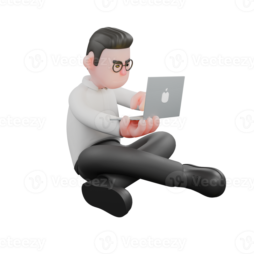 Animated 3D Cartoon. A male producer sitting with his legs crossed with one hand holding an open laptop, expression focused. Professional Illustration png