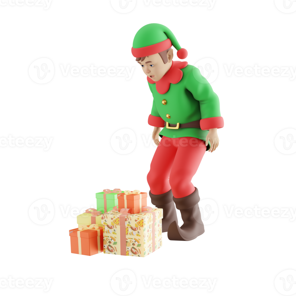 3D Design of Christmas Elf for Kids. Elf Boy bending over looking at pile of presents. Cartoon Character Illustration png