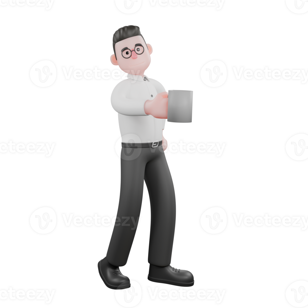 3D Producer Design. A male producer walks to the left with one hand carrying a cup of coffee. Director Model png