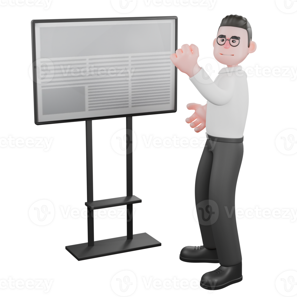 Animated 3D Cartoon. A male producer stands next to a whiteboard with his left hand clenched. Professional Illustration png