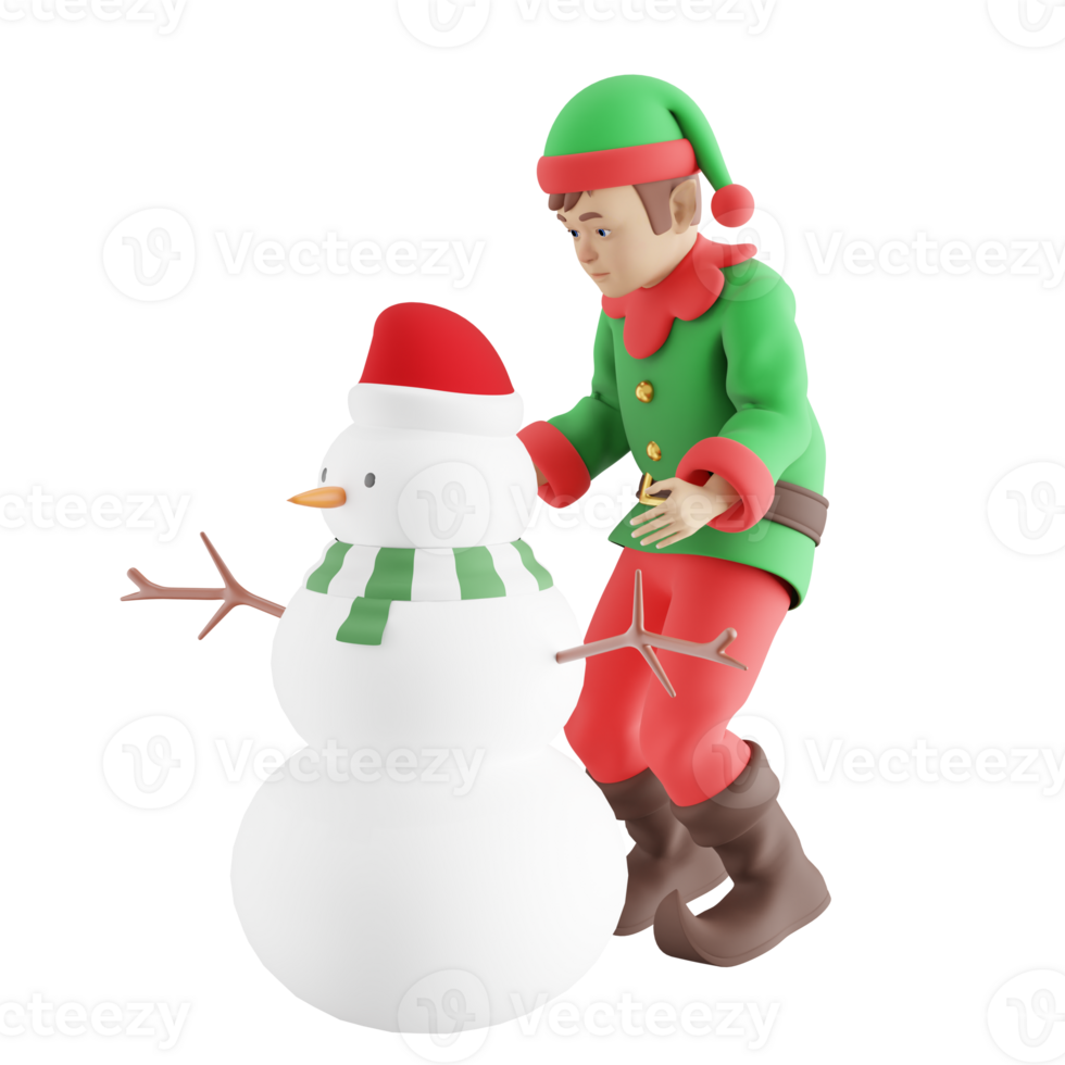 Holiday Elf for Kids 3D Model. A Male Kids Elf stands behind a snowman with both hands as if he wants to hold it. Christmas Cartoon Art png