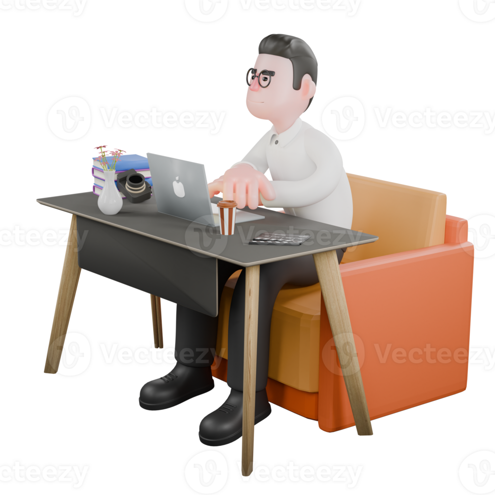 Film Set Cartoon Producer. A male producer sits with a laptop on a table while both hands are crossed. Professional Illustration png