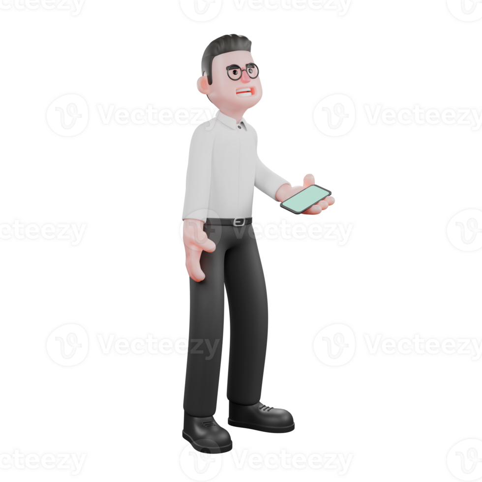 Creative 3D Model. A male producer stands while holding a cellphone in his hand with his eyes looking up. Producer Character png
