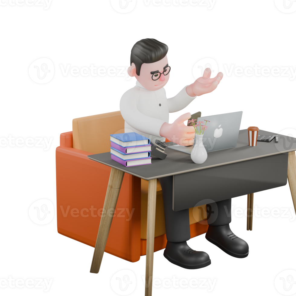 3D Producer Design. A male producer sits with a laptop on a table while holding a cellphone in his right hand. Animation png
