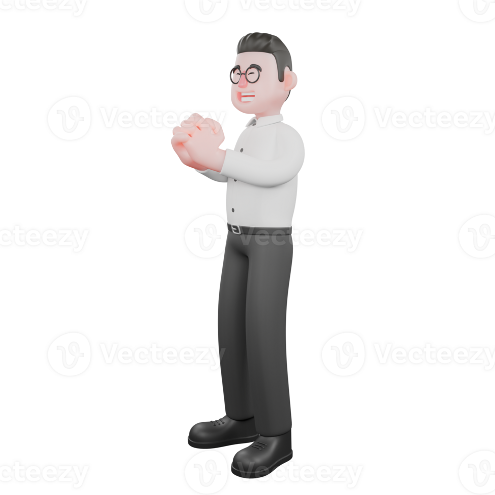 Creative 3D Model. A male producer stands facing right with both hands together in front of his chest, eyes closed, smiling expression. Studio Style png