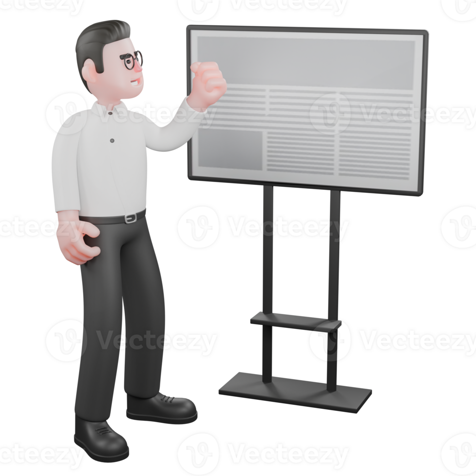 3D Cartoon Model. A male producer stands next to a whiteboard with his left hand on his waist and his right hand clenched, as if explaining. Professional Illustration png