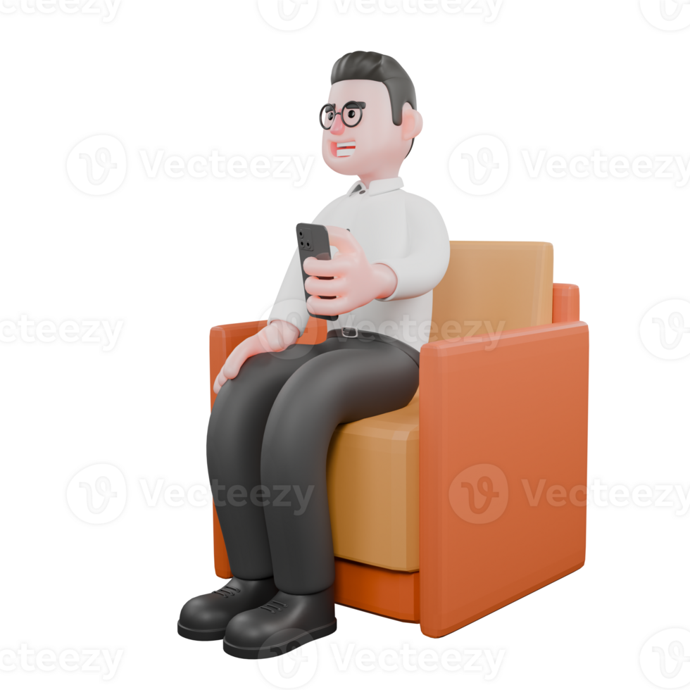 3D Producer Design. A male producer sits on a sofa with his left hand holding a cellphone, smiling expression. Professional Illustration png