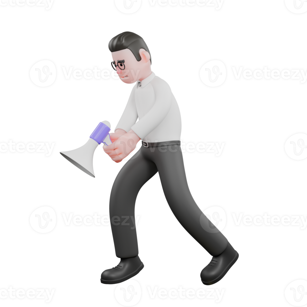 Film Studio Producer. A male producer walks with his head slightly lowered while holding a loudspeaker in both hands. Studio Style png