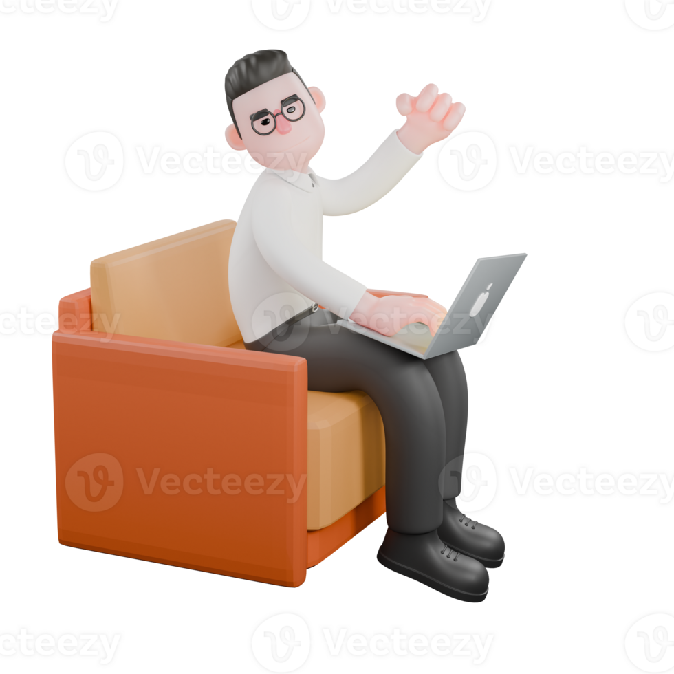Film Scene 3D Producer. A male producer sits with a laptop on his lap while typing on the keyboard in his right hand, with his head tilted. Film Style png