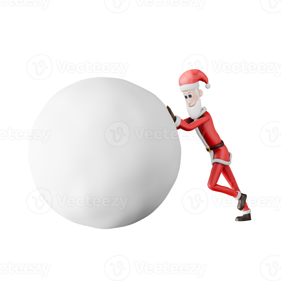 Santa Claus Holiday 3D Character. A tall Santa Claus walks to the right with both hands pushing a large snowball. Cartoon Illustration png
