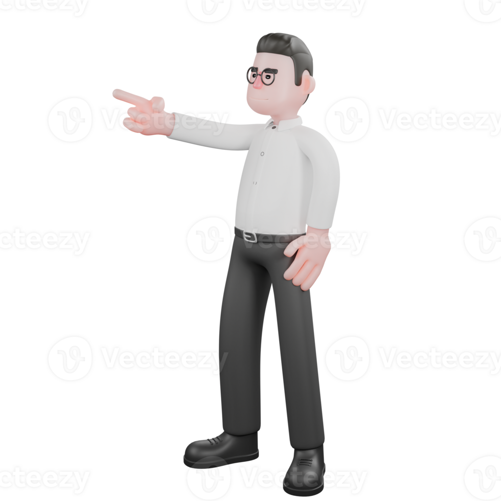 Animated 3D Cartoon.A male producer stands while pointing forward with his right hand, and his left hand is on his waist. Film Style png
