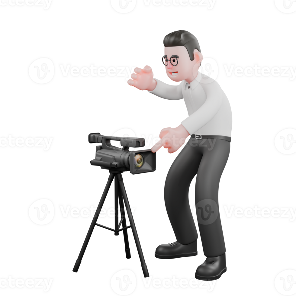 Creative 3D Model. A male producer bends over with his right hand waving his hand, and points towards thecamera with his left hand, while showing a panicked expression. Director Model png