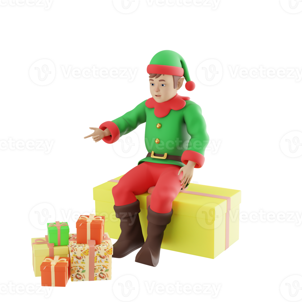 Kids Christmas Elf 3D Character. A Male Kids Elf sits on a large yellow present with his right hand pointing towards the pile of presents. Cartoon Illustration png