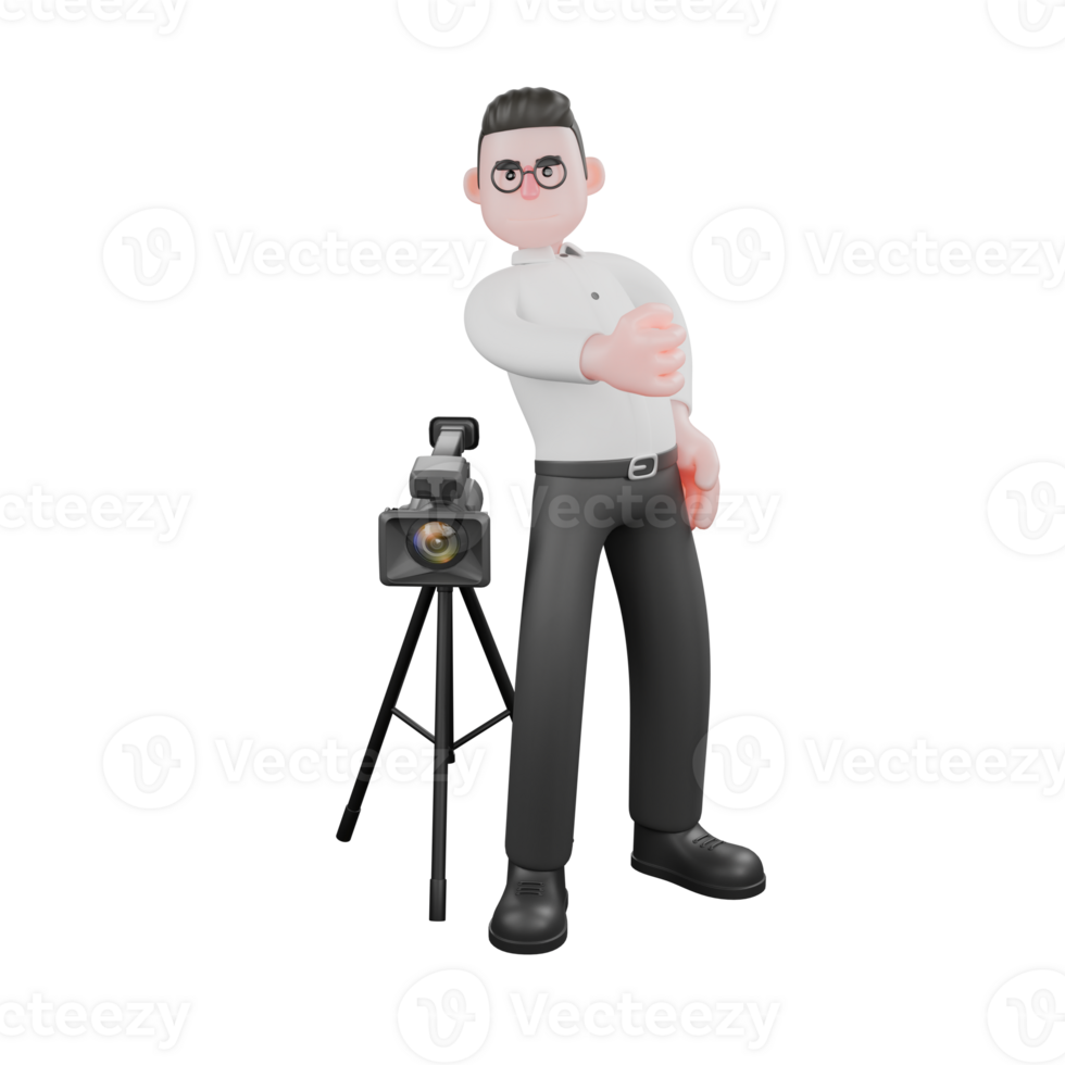 Creative 3D Model. A male producer stands next to a camera with his right hand clenched, and his left hand is on his waist, as if posing. Film Style png
