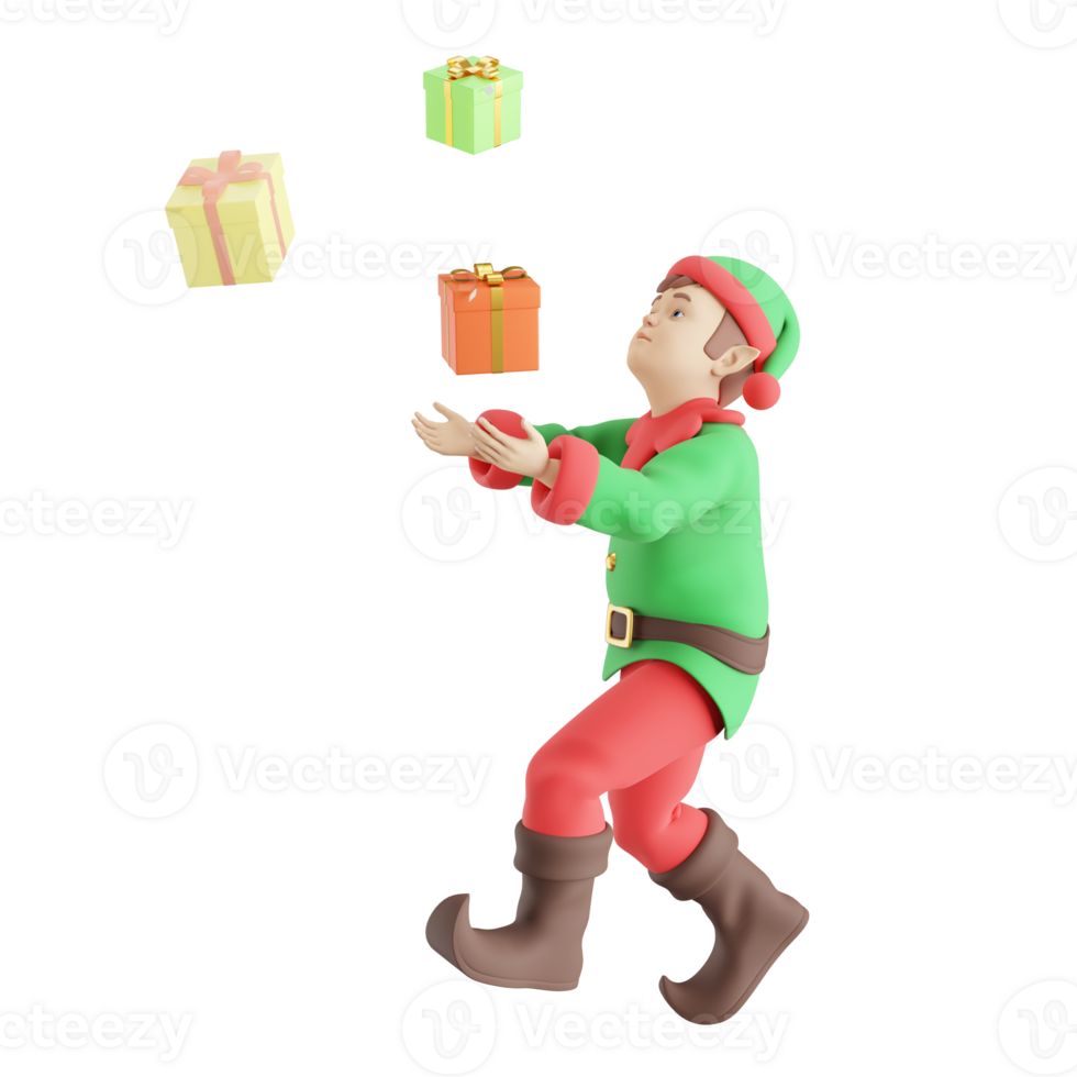 Kids Elf 3D Model. A Male Kids Elf runs with both hands raised to catch the falling presents. Christmas Cartoon Character Illustration png
