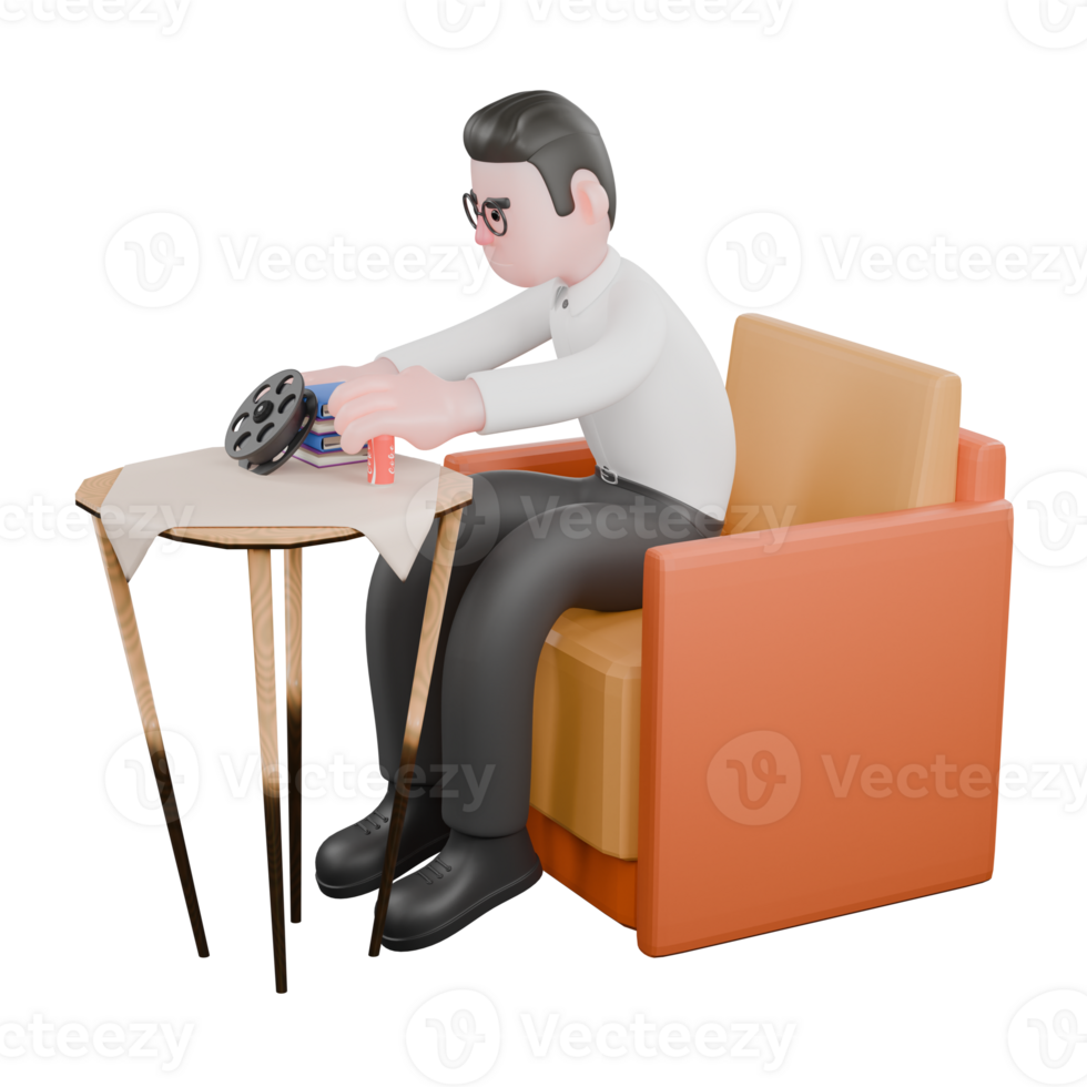 Animated 3D Cartoon. A male producer sits on a sofa, and both hands are on the table while arranging a rolling camera, books and drinks. Professional Illustration png