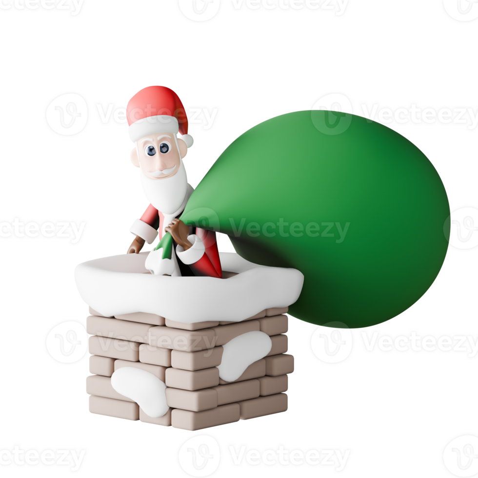 Santa Claus Cartoon 3D Model. A tall Santa Claus comes out through the chimney with his left hand carrying a sack of presents. Christmas Artwork png