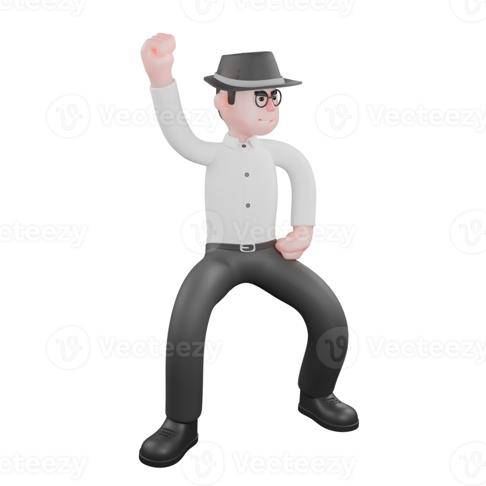 3D Producer Design. A Male producer stands, both legs open with his right hand clenched upwards and his left hand on his waist Studio Style png
