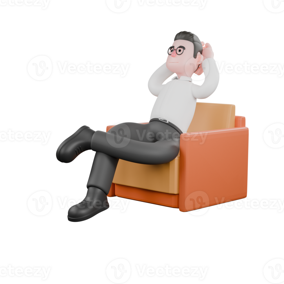 Animated 3D Cartoon. A male producer sits relaxed on a sofa with his left leg bent over his right leg and both hands behind his head. Filmmaker Illustration png