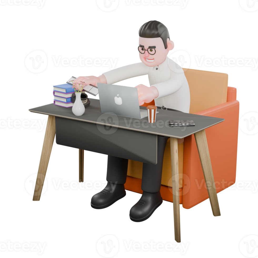 Creative 3D Model. A male producer sits on a sofa with a laptop on the table with one hand holding a film still. Director Model png