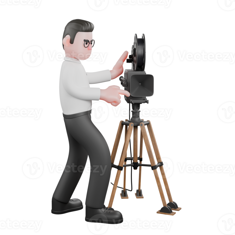 Creative 3D Model. A male producer stands with both hands pointing the studio camera to the side. Studio Style png