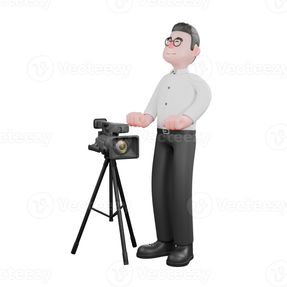 Film Studio Producer. A male producer stands next to the camera with both hands on his head while his eyes are closed. Studio Style png