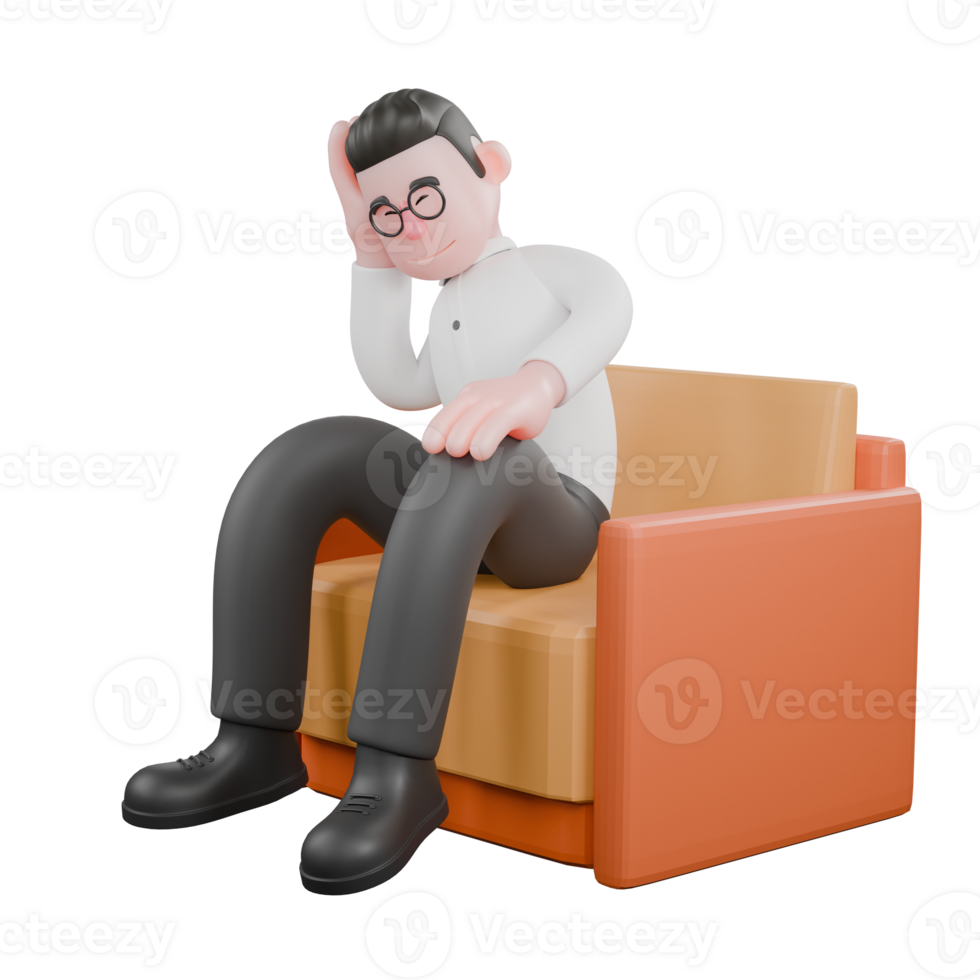 Animated 3D Cartoon. A male producer sits on a sofa with his head tilted, one hand supporting his head. Cartoon 3D Model png