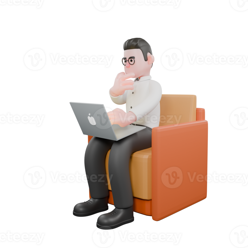 3D Animated Cartoon Producer. A male producer sits on a sofa with a laptop on his thigh while his right hand holds his chin, thinking expression. Filmmaker Illustration png