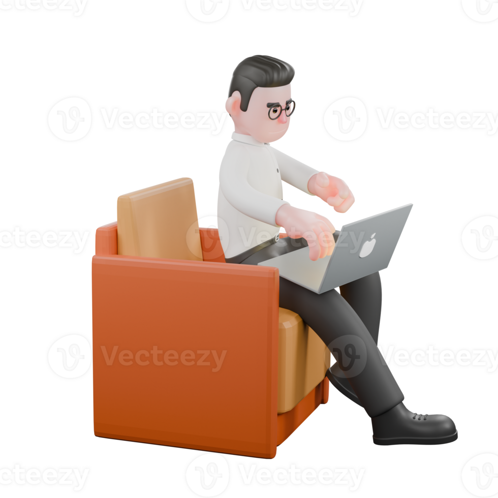 Film Studio Producer. A male producer sits on a sofa with a laptop on his lap while typing with his right hand on the keyboard. Studio Style png