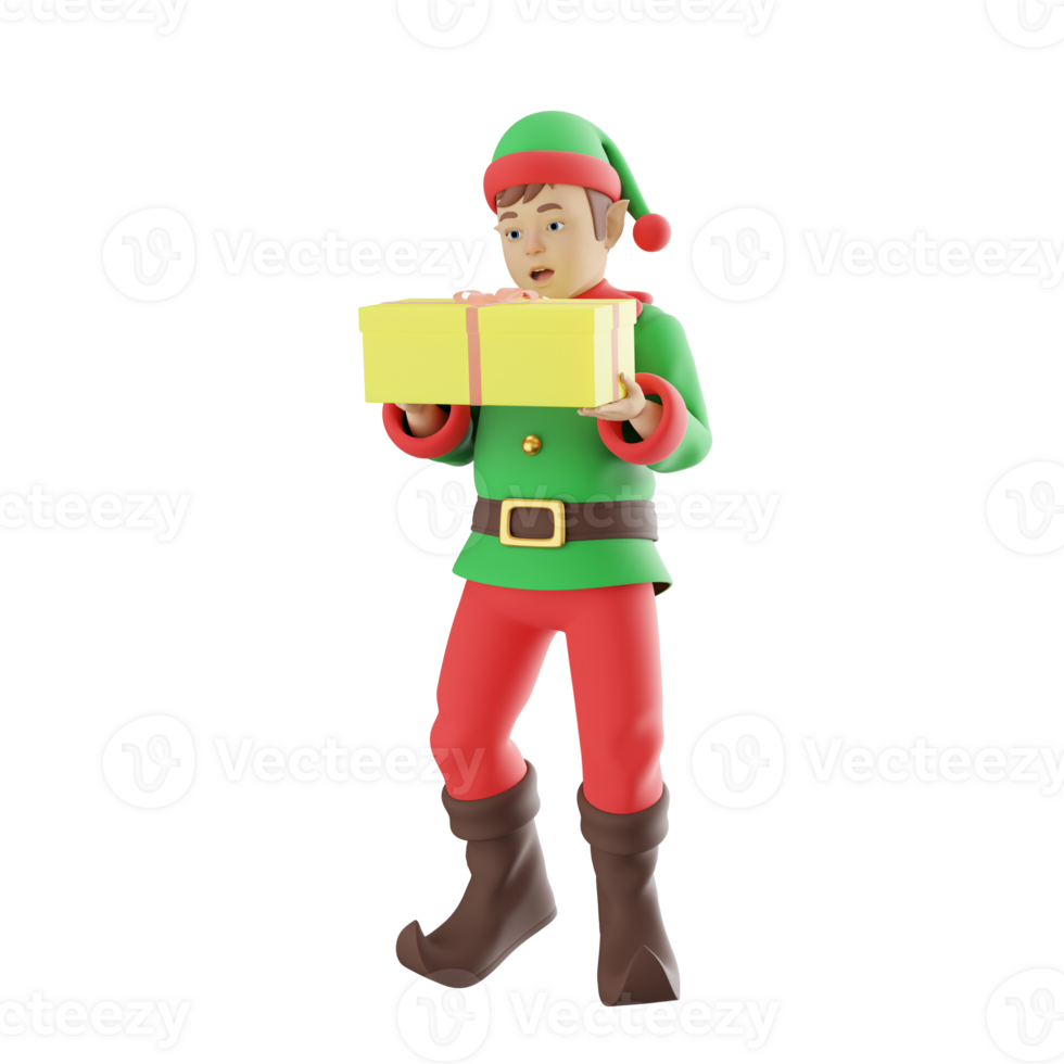 Kids Elf 3D Cartoon Design. A Male Kids Elf walks with both hands holding a gift box. Holiday Illustration png