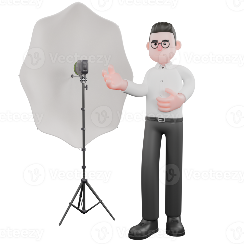 Film Scene 3D Producer. A male producer stands with a studio light beside him with his right hand open. 3D Style png