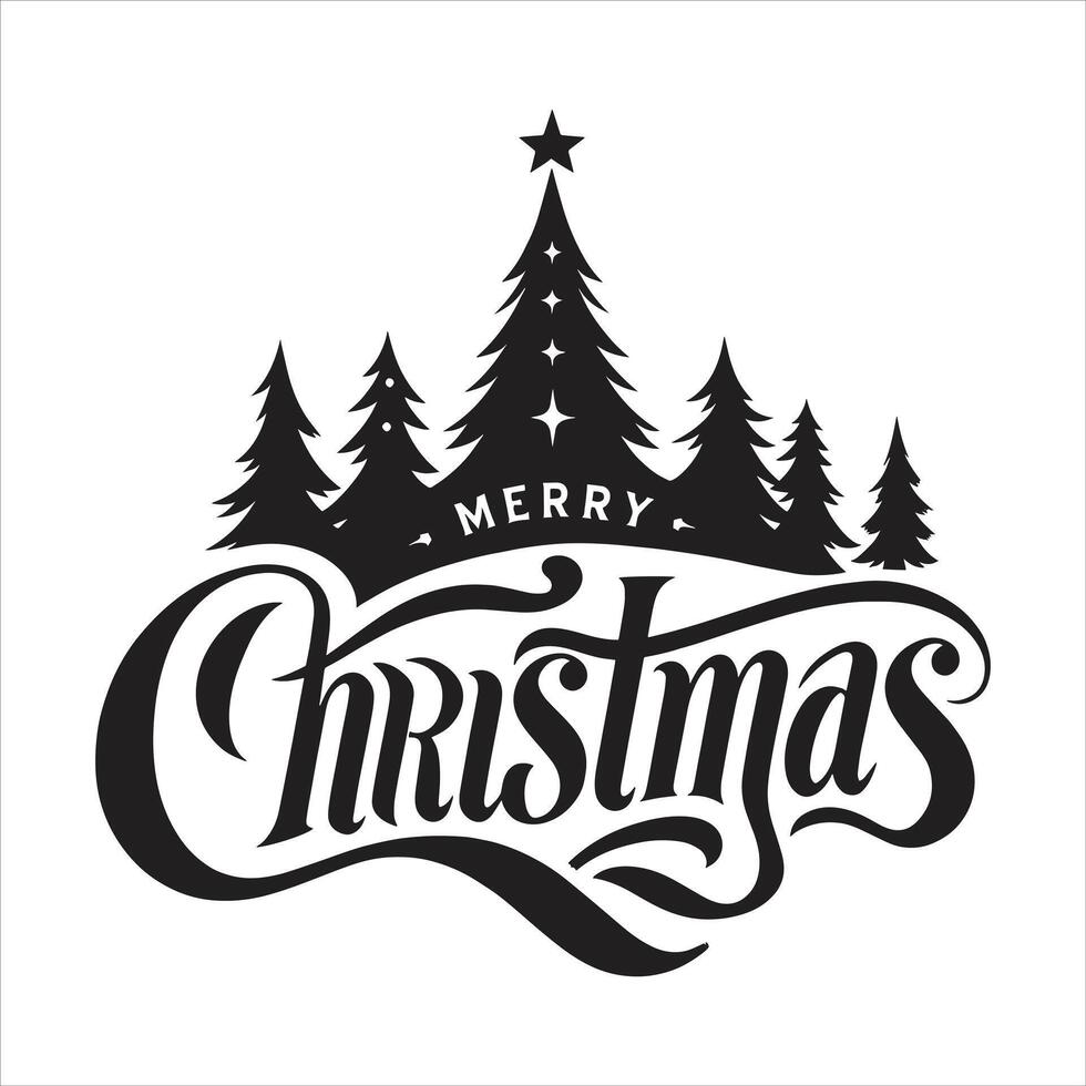 Merry Christmas Greetings Decorative Text Calligraphy and Tree Black and White Silhouette vector