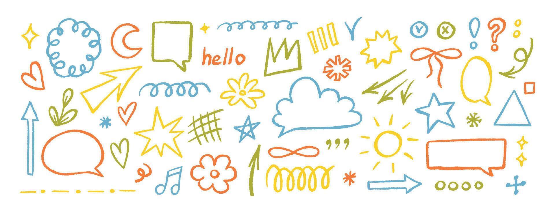Crayon drawn doodle set, shapes, line and simple elements. Hand drawn brush highlight, arrow, speech bubble cloud, illustrations vector