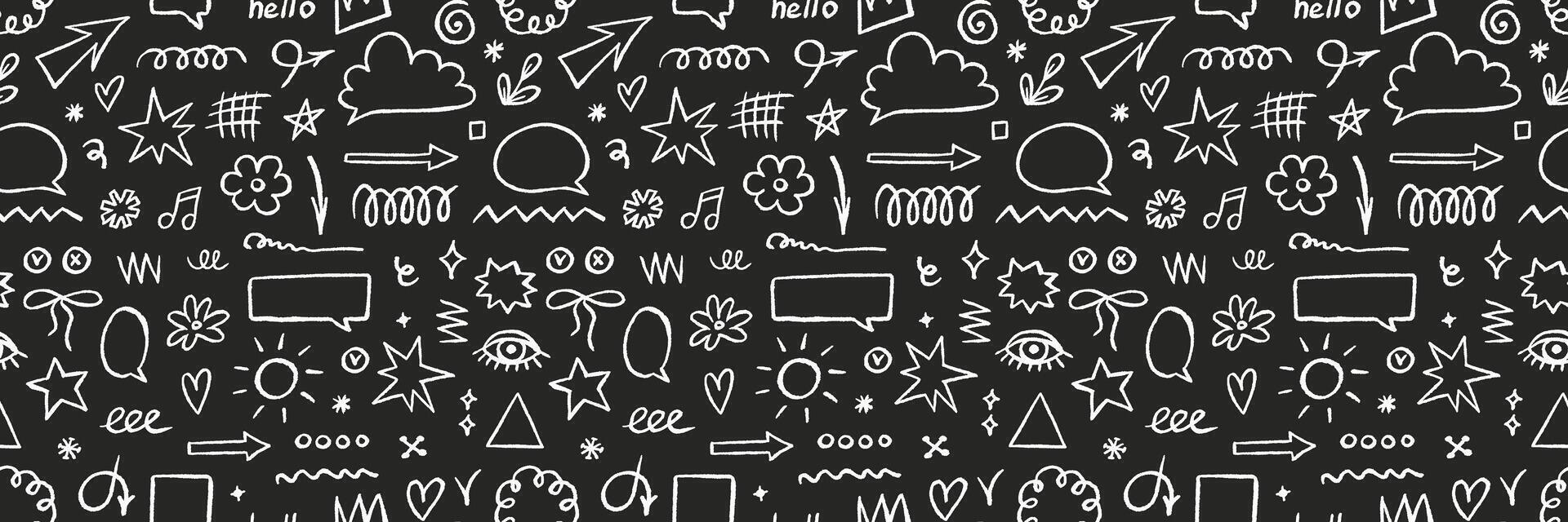 Crayon drawn doodle seamless pattern, shapes, line and simple elements. Hand drawn brush highlight, arrow, speech bubble cloud, illustration vector