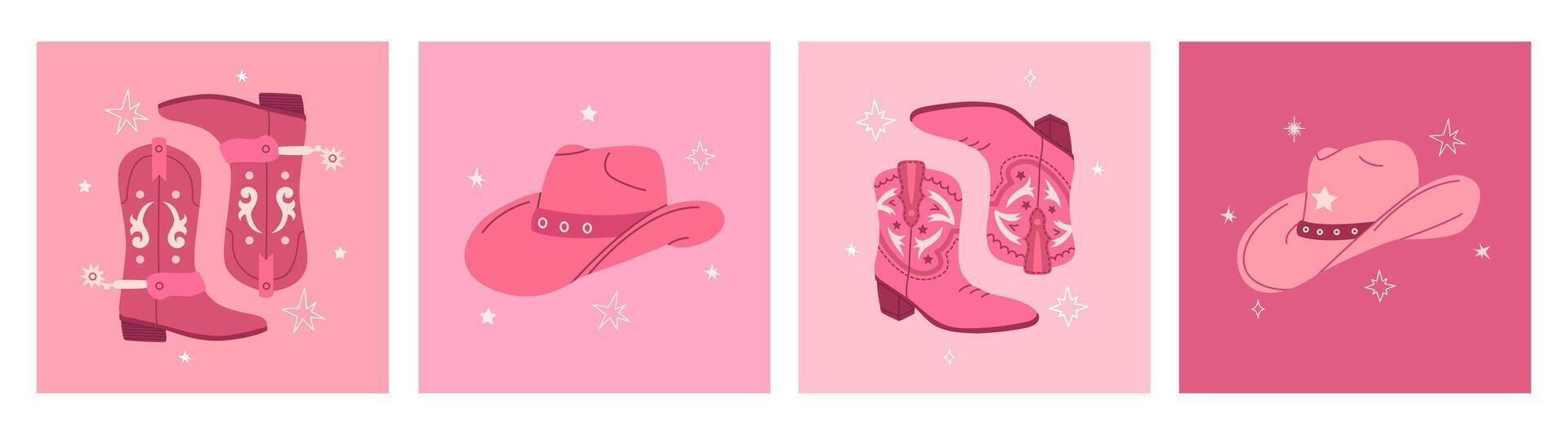 Cowgirl boots and hats set. Fashion shoes with decorative pattern. Cowboy Western and Wild West concept, hand drawn illustration vector