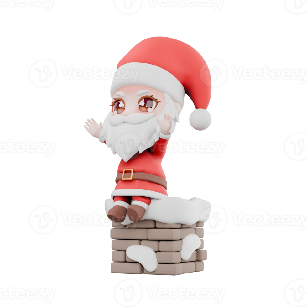 Chibi Santa Boy Cartoon Christmas Model. A chibi santa boy sits on a chimney with both hands raised up. Festive 3D Design png
