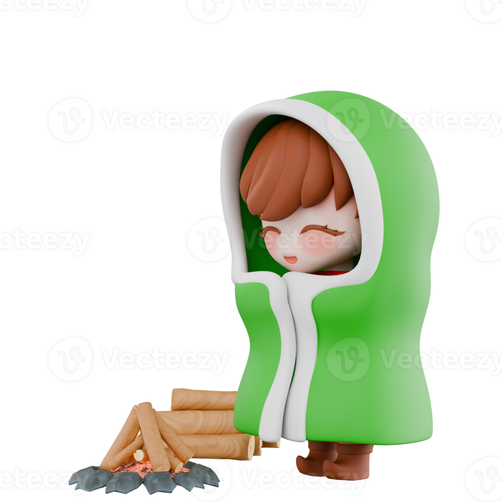 Chibi Elf Festive Christmas Character. A male Chibi elf stands wearing a jacket beside a campfire, with a cold expression. 3D Holiday Design png