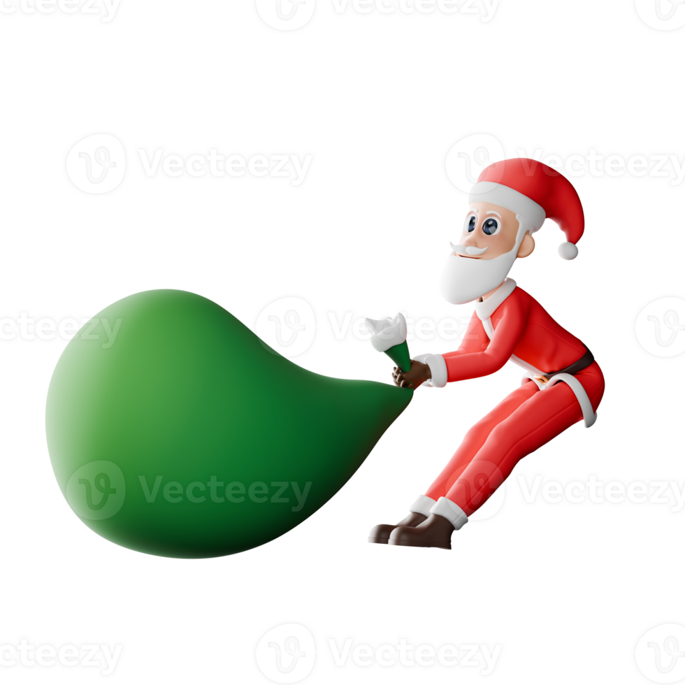 Santa Claus Cartoon Design. A male Santa stands with both hands pulling a sack containing several presents inside. Christmas 3D Illustration png