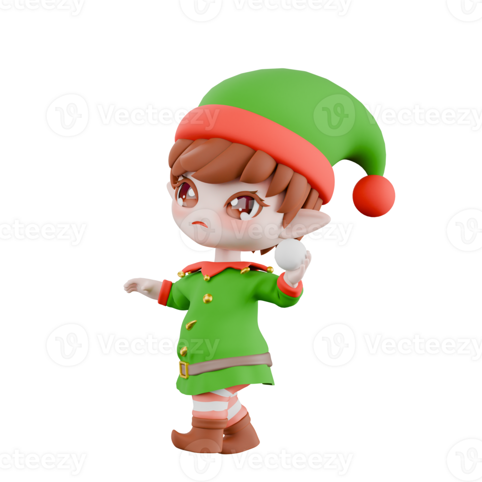 Christmas Holiday Chibi Elf Cartoon. A male Chibi Elf walks with one hand holding a snowball as if he wants to throw it. Festive 3D Model png
