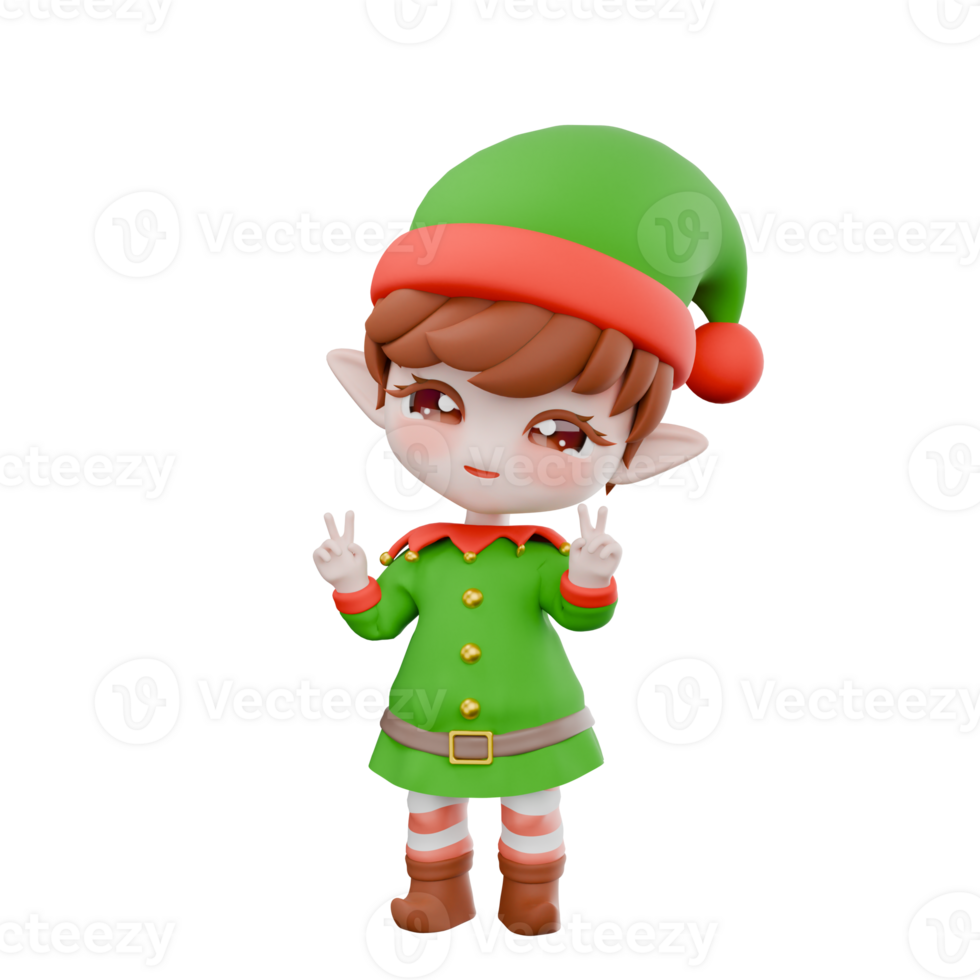 Chibi Elf Holiday Character. A male Chibi Elf stands with both hands forming a 2 finger pose, smiling expression. Christmas 3D Cartoon Design png