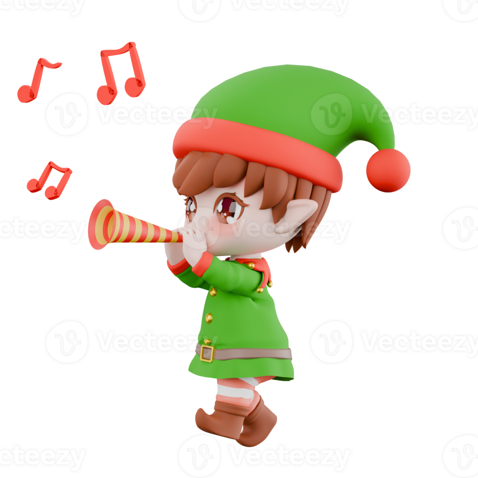 Chibi Christmas Elf Cartoon. A male Chibi Elf walks to the right while blowing a trumpet in his hand. Holiday 3D Model png