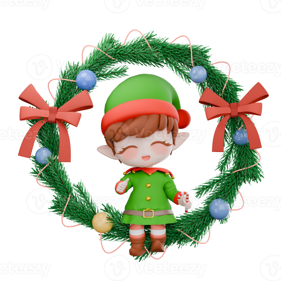 Christmas Elf Chibi Cartoon. A male Chibi Elf sits on a Christmas wreath with one hand holding a Christmas candy cane. Festive 3D Design png