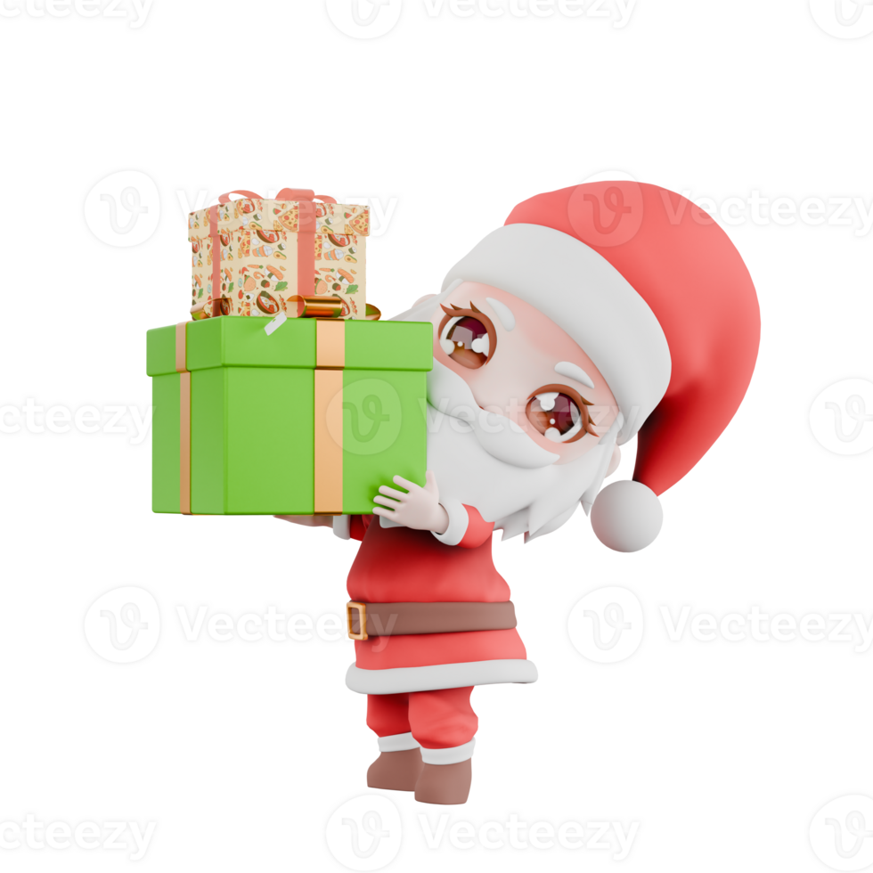 Chibi Christmas Santa Boy Festive Character. A Chibi Santa Boy stands with a pile of gift boxes in both hands. Holiday 3D Design png
