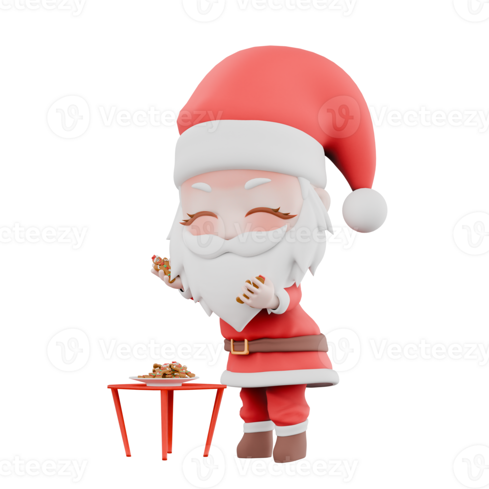 Chibi Santa Boy Christmas 3D Design. A Chibi Santa Boy Standing in front of a dining table, holding biscuits in both hands while expressing enjoyment. Festive Cartoon Model png