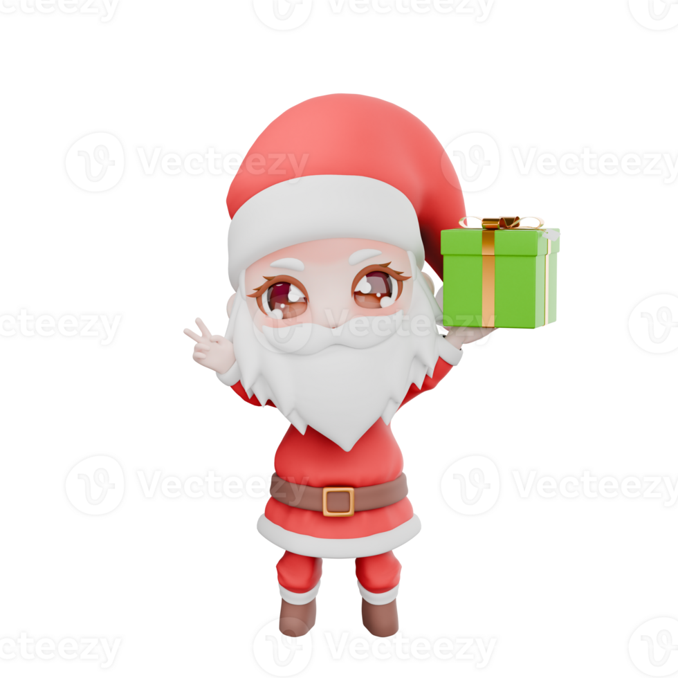 Holiday Chibi Santa Boy Cartoon Model. A Chibi Santa Boy stands with a two finger pose on his right hand, and carries a gift in his left hand, while smiling. 3D Christmas Character png