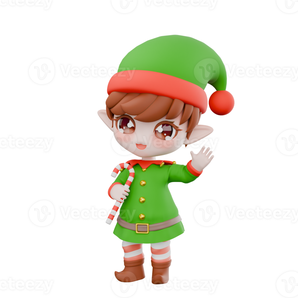 Christmas Chibi Elf Cartoon. A male Chibi Elf stands with one hand holding a stick and waving his left hand. Festive 3D Model Design png