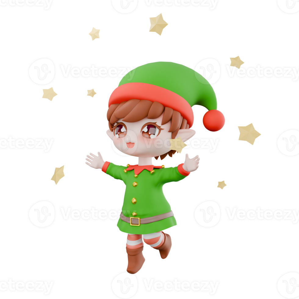 Holiday Cartoon Chibi Elf . A male Chibi Elf walks surrounded by stars with both hands open as if enjoying the atmosphere. Festive Christmas 3D Model png