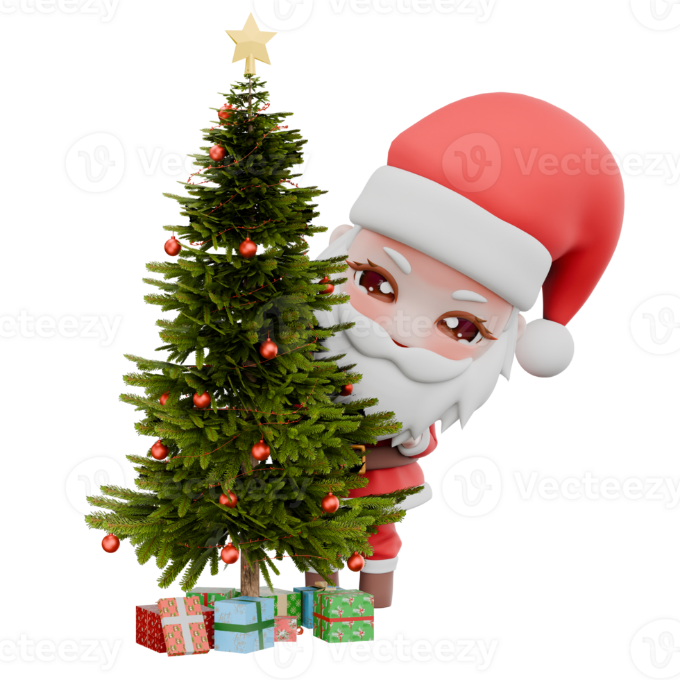 Holiday Festive Chibi Santa Boy Cartoon. A Chibi Santa Boy stands behind a Christmas tree, with a smiling expression. Christmas 3D Illustration png